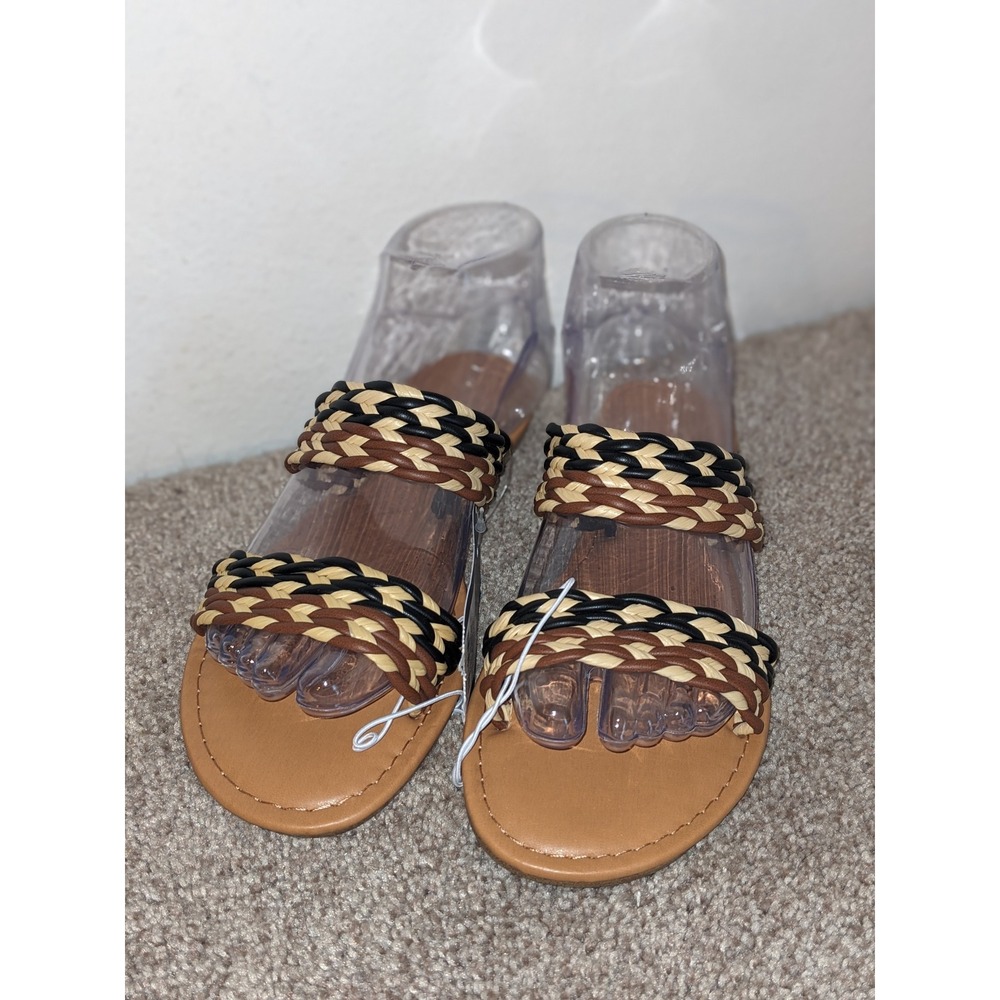 Universal Thread Braided Sandals Two Strap Slides Casual Brown Black 6.5 NEW